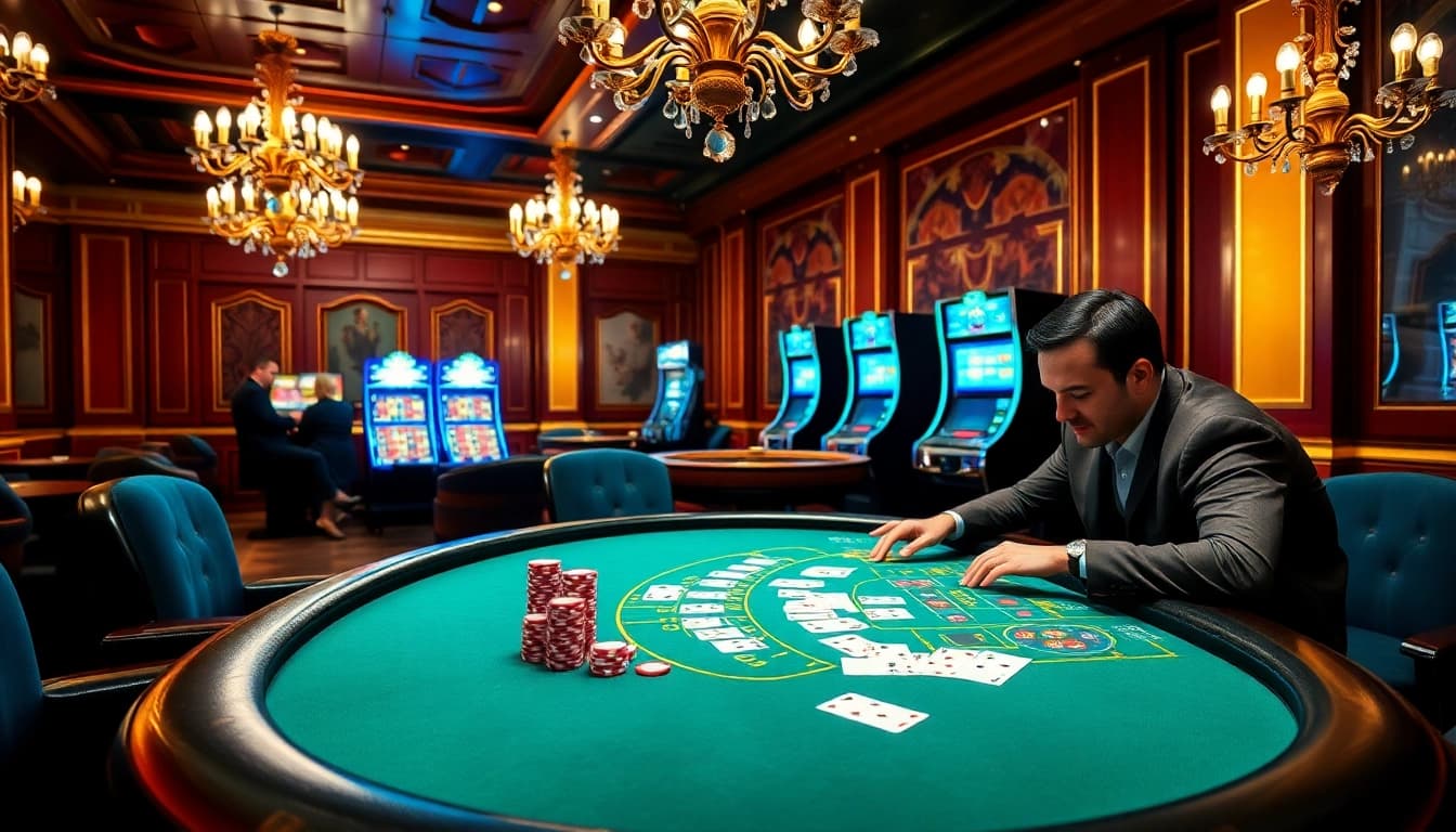 Vivez l'excitation du meilleure casino en ligne à une table de poker animée avec des jetons et des cartes colorés.