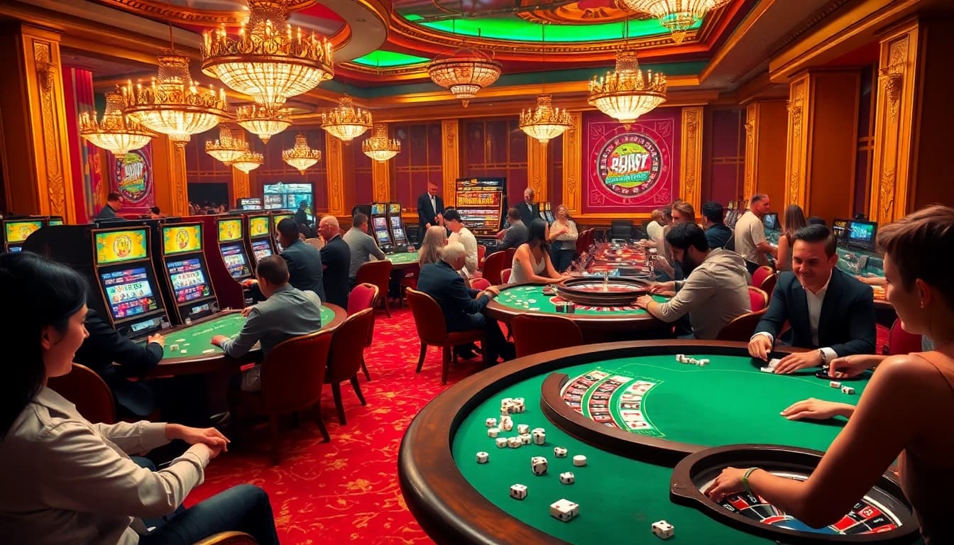 Joueurs engagés profitant de jeux passionnants au meilleur casino en ligne avec des visuels vibrants et une ambiance de luxe.