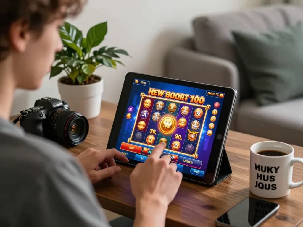 Engaging scene of online gaming featuring slot bonus new member 100 promotions on tablet, cozy home atmosphere.