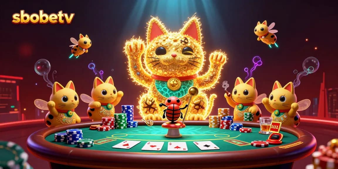 Experience sbobetv with vibrant golden fireflies as a waving lucky cat amidst poker elements.
