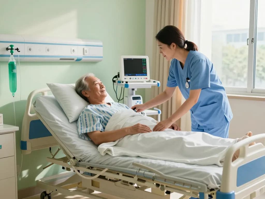 Adjustable giường bệnh nhân in a hospital room with caregiver assisting an elderly patient, showcasing compassionate care.