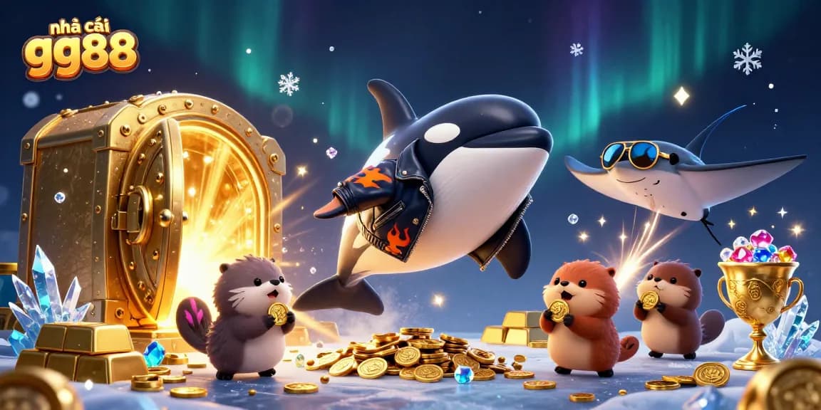 Play and win at nhà cái gg88 with vibrant casino gaming characters and treasure elements.