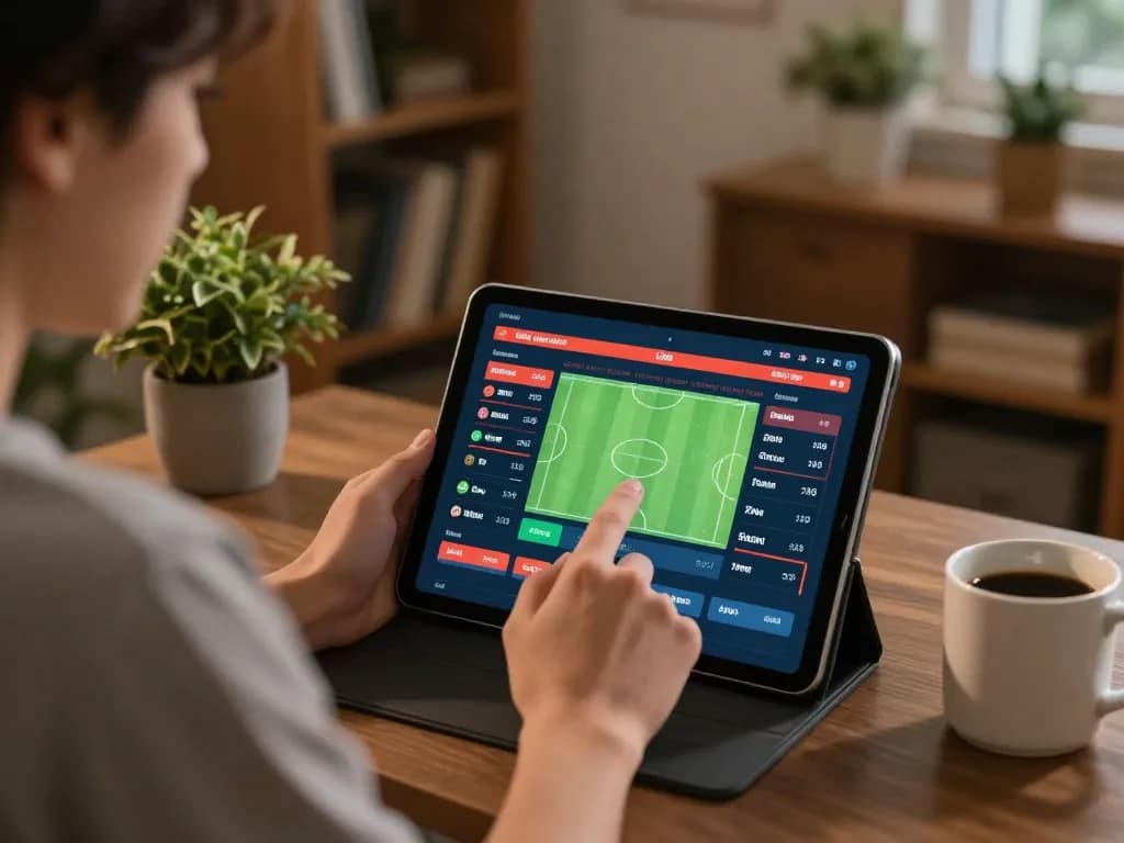 Engaging in bola 7meter betting while analyzing live odds on a tablet in a cozy home setting.