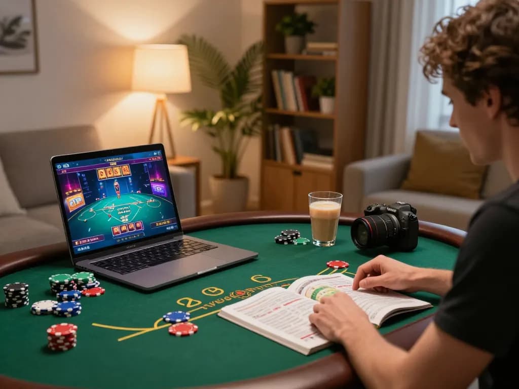 Engaging in online casino non aams gameplay at home with chips and strategy notes.