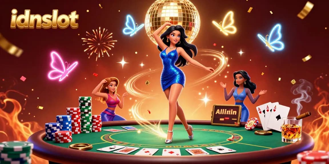 Experience the energy of idnslot with a glamorous woman dancing in a casino scene filled with games.