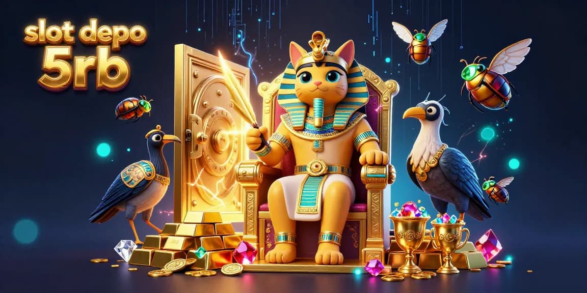 Spin to win with slot depo 5rb in a vibrant 3D casino scene packed with treasures and energetic effects.