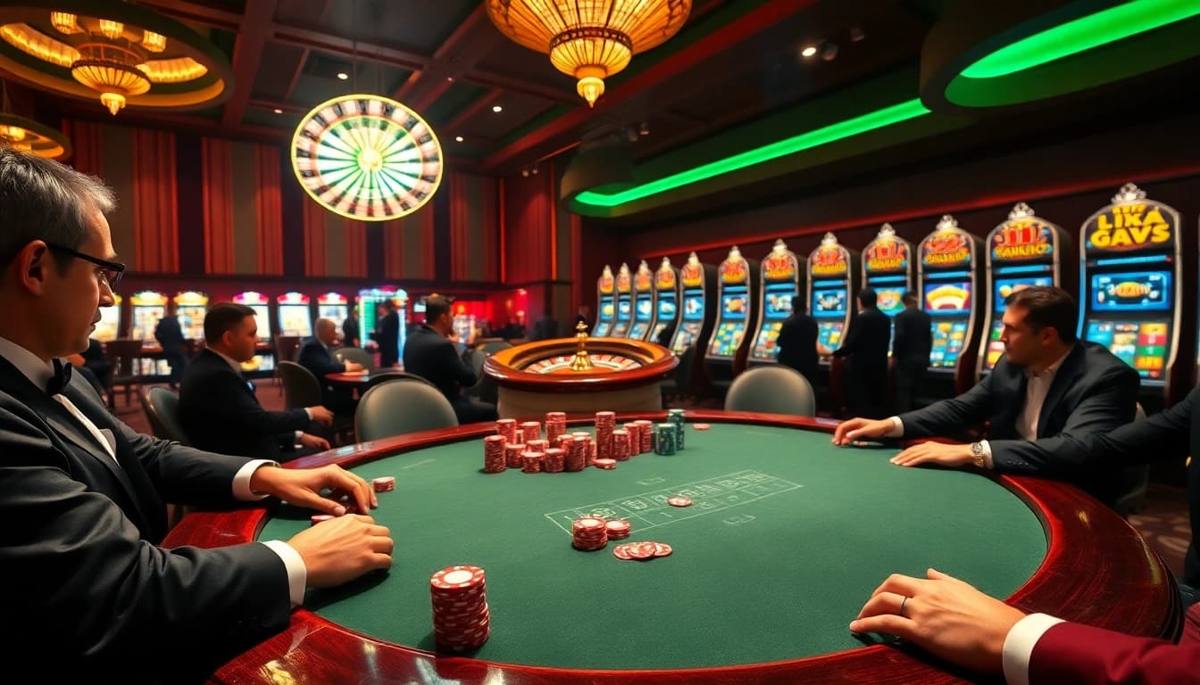 Découvrez l'excitation du meilleure casino en ligne avec une scène de poker dynamique comprenant des parties à enjeux élevés et une roulette éblouissante.