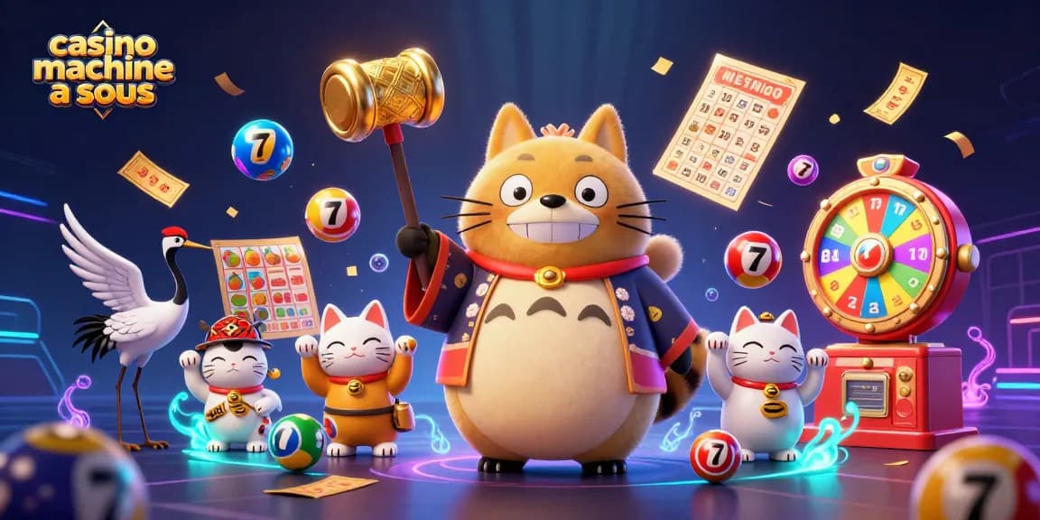 Jouez aux machines à sous dans le visuel animé de casino machine a sous avec tanuki et chats porte-bonheur.