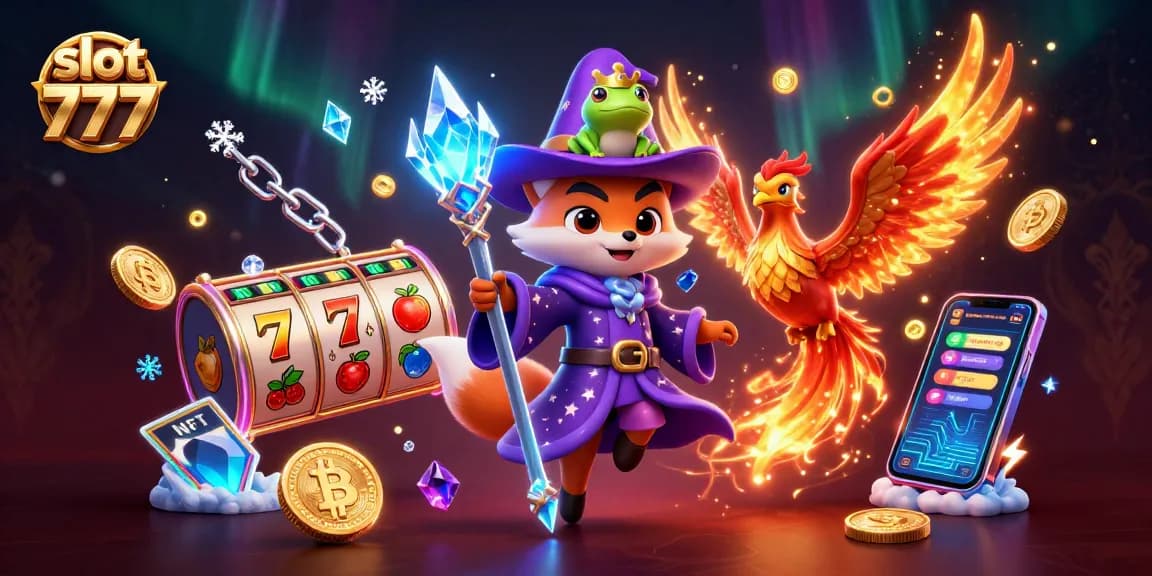 Engage with slot 777 through a mystical illustration of a wizard, phoenix, and enchanted elements.