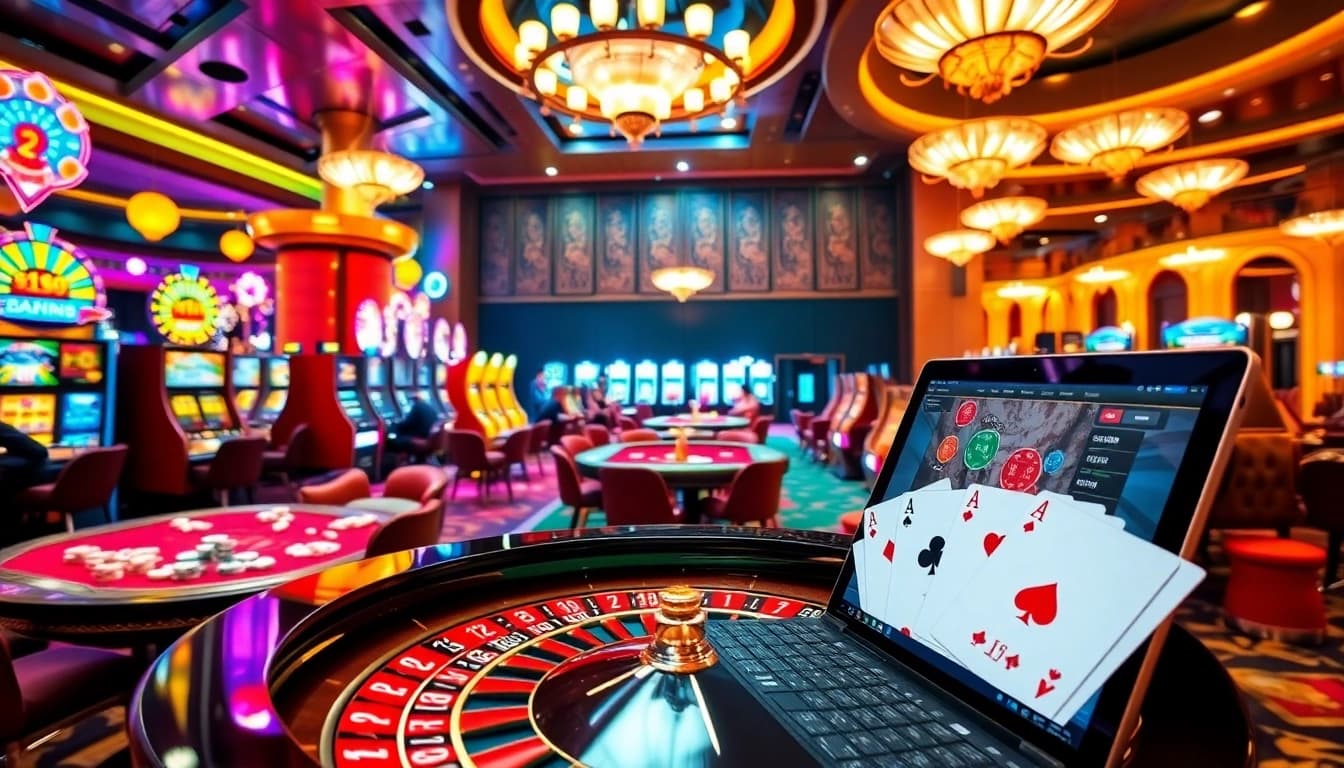 Une atmosphère de casino animée présentant le meilleure casino en ligne avec des tables de poker, des roues de roulette et des machines à sous vibrantes.
