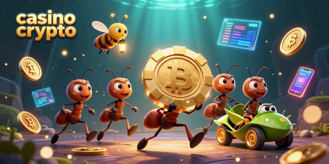 Gioca nei migliori casino crypto con la squadra di formiche in un'illustrazione vivace e dinamica.