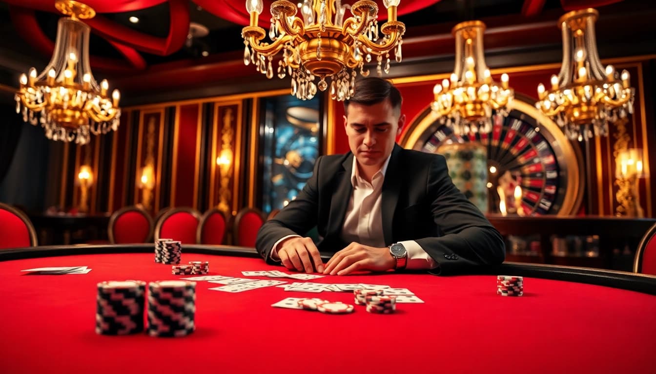 Découvrez l'excitation du meilleure casino en ligne avec une scène de poker luxueuse mettant en vedette des jetons et des cartes.