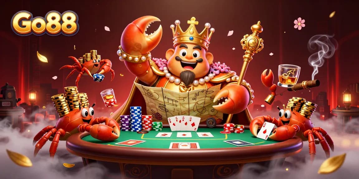 Engage in thrilling gameplay at Go88 with a vibrant scene featuring a golden crab emperor amidst dynamic poker action.