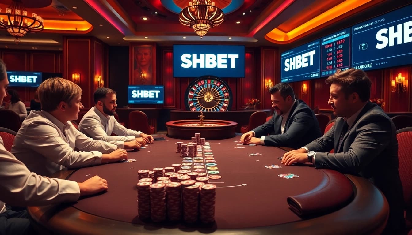 Experience the thrill of SHBET with a dynamic casino scene featuring poker action and vibrant betting.