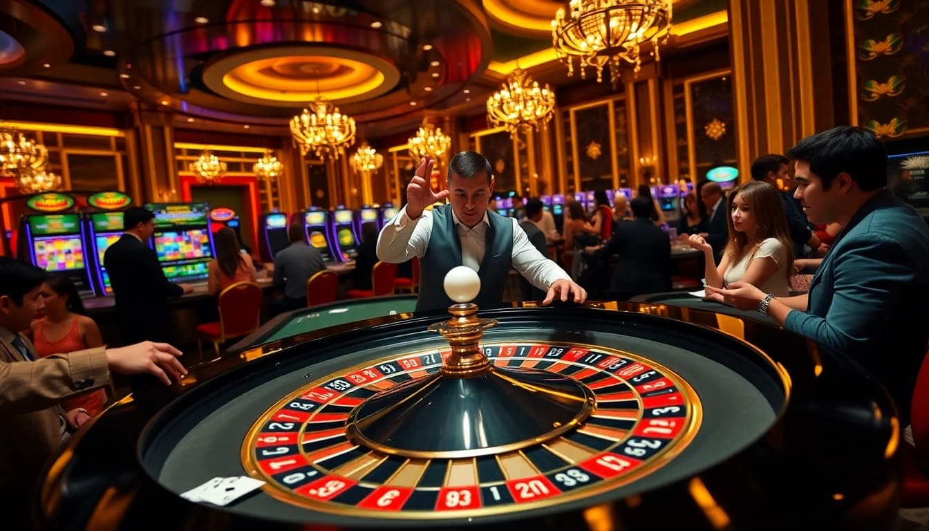 Une expérience de jeu palpitante au meilleure casino en ligne, mettant en vedette une action de roulette et des joueurs enthousiastes autour d'une table magnifiquement éclairée.