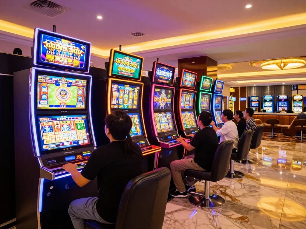 Players enjoying vibrant slot jepang machines in a lively casino atmosphere.