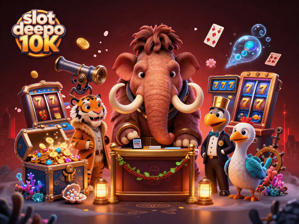 Cartoon scene of "slot depo 10K" featuring a mammoth bouncer, a VIP tiger, and a doorman, amidst slot machine reels and treasure