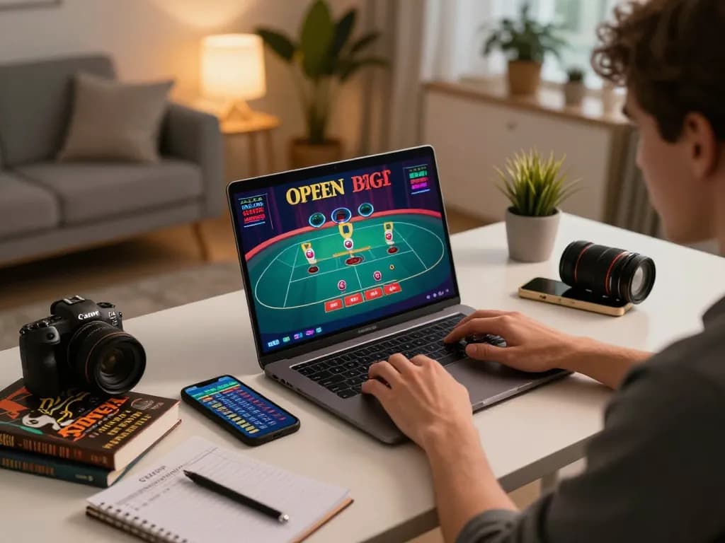 SC88 player engaging in online gambling with a laptop and smartphone, showcasing strategic gameplay.