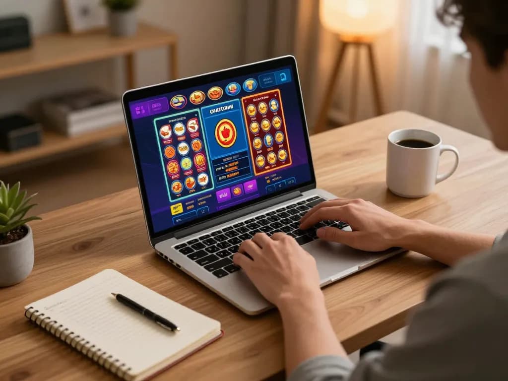 Person enjoying online gaming on laptop displaying open888 casino interface with strategic notebooks.