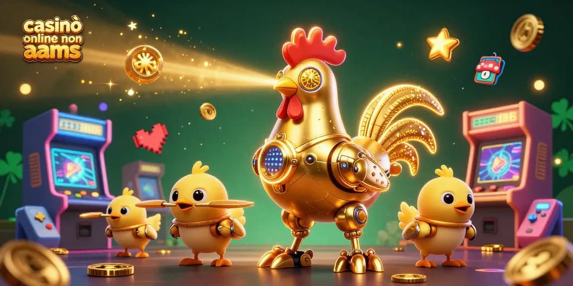 Gioca nei casinò online non AAMS con robot dorato e macchine arcade scintillanti.