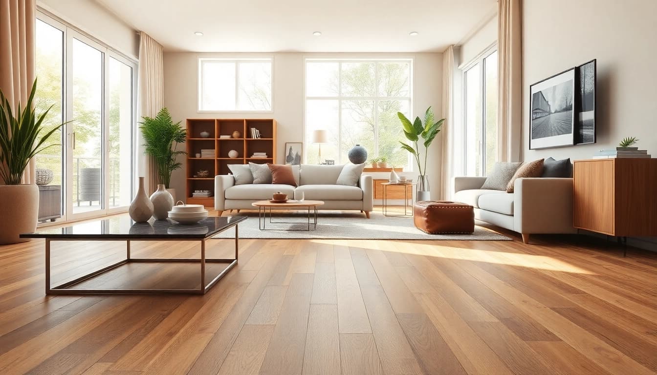 Stylishly arranged lvt flooring enhances a modern living room's aesthetic appeal.