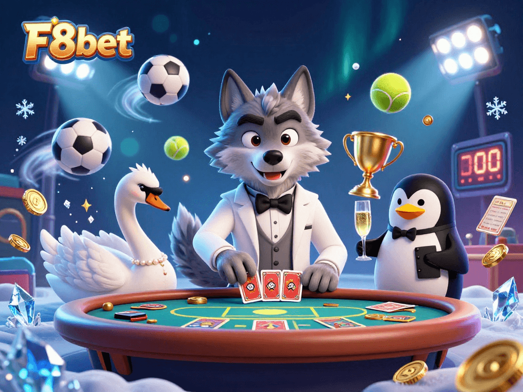 Experience thrilling gameplay at F8bet with a debonair wolf at a baccarat table.