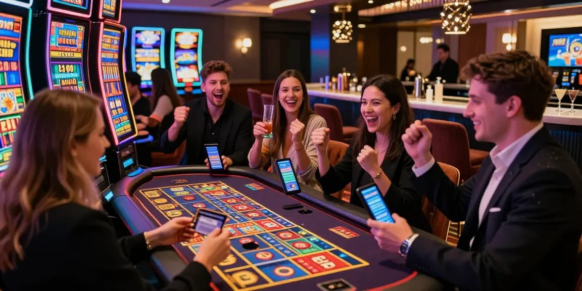 Exciting moment at credit card casinos with players celebrating wins and using credit cards.