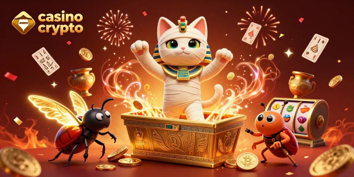 Gioca nei casino crypto con una mummia egiziana e uno scarabeo d'oro in un'illustrazione vivace.