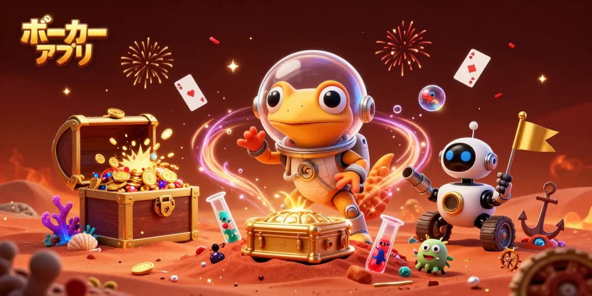 ポーカーアプリおすすめのシーンで、宇宙のカジノを探しているキャラクターたちが描かれています。