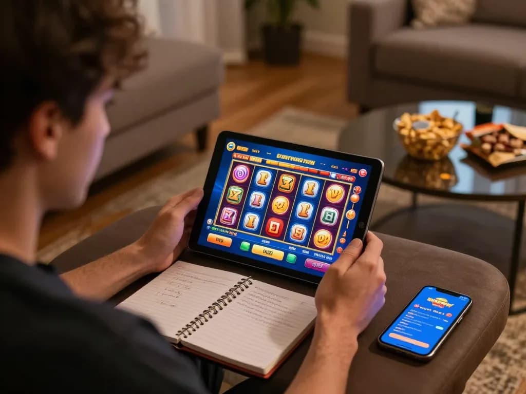Player enjoying slot gacor pagi ini online with tablet displaying vibrant games and strategies.