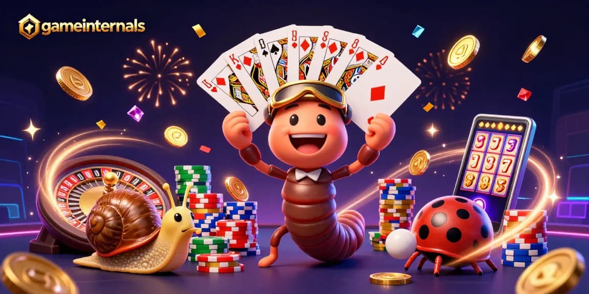 Gameinternals features an exciting scene with a cartoon millipede dealer and high-roller snail amidst a vibrant casino.