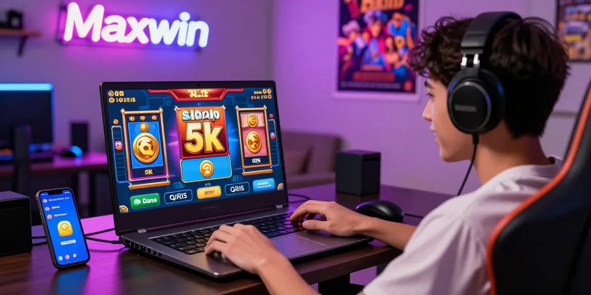 Engaged player enjoying slot depo 5k online game with vibrant graphics, e-wallet icons, and excitement.