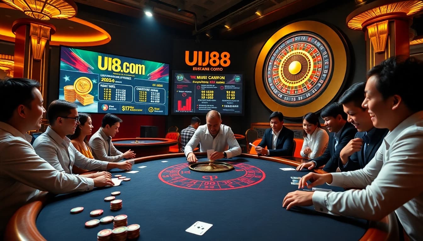 Engaging casino atmosphere featuring UU88.com with vibrant tables and excited players.