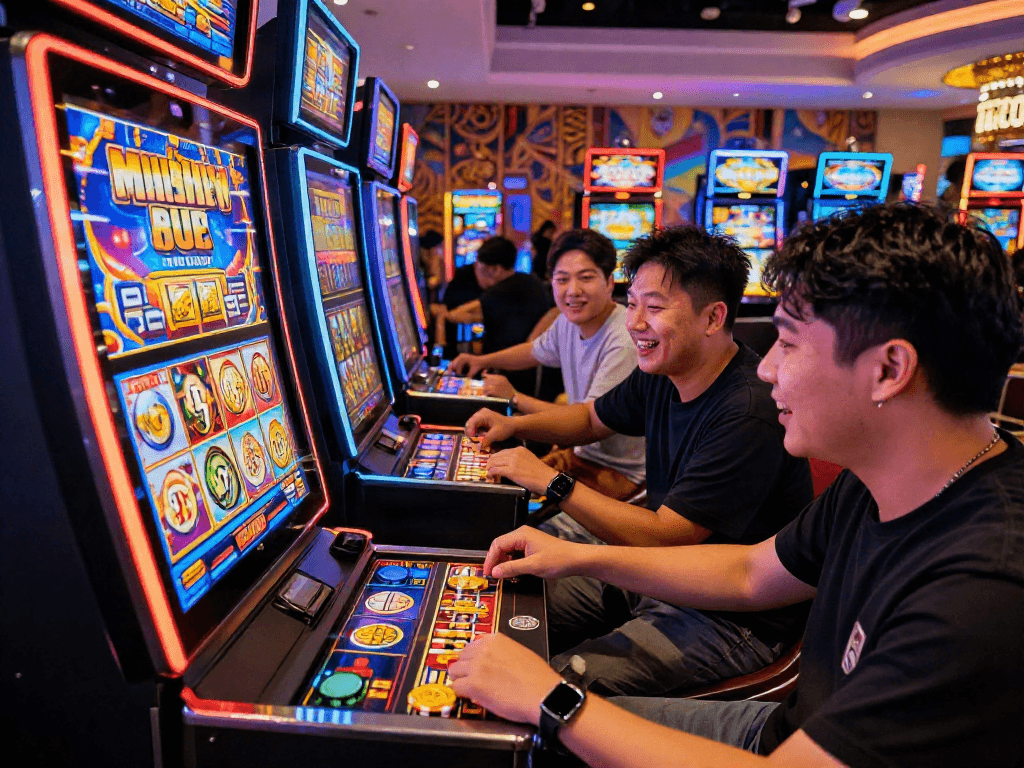 Players enjoying thrilling slot jepang experience at a modern casino with vibrant machines and joyful expressions.