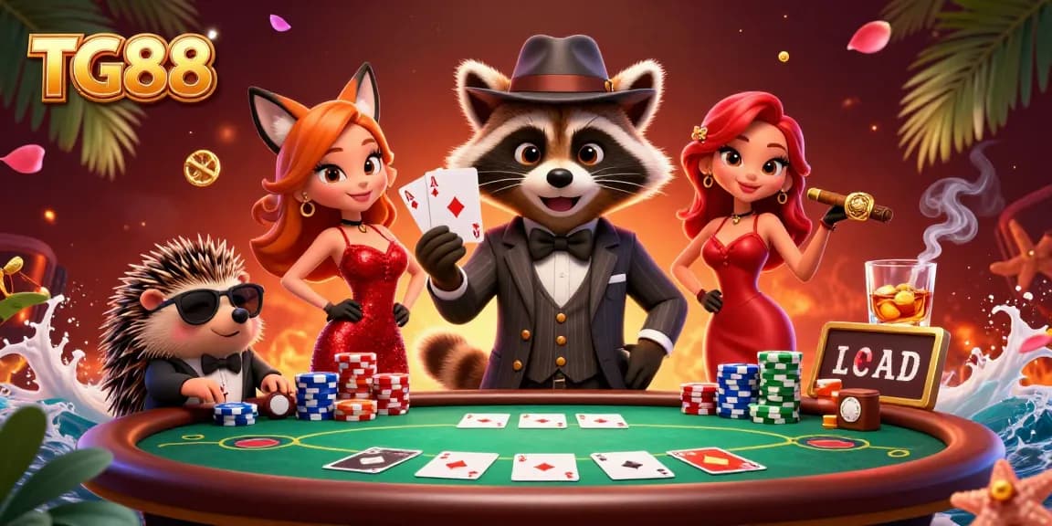 Engage in the vibrant gambling scene with TG88, featuring a suave raccoon in a casino.