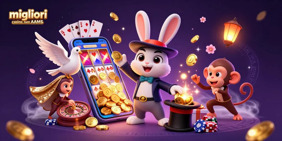 Migliori casino non AAMS: scena vivace con un coniglio magico che tira monete d'oro e un'assistente elegante in azione.