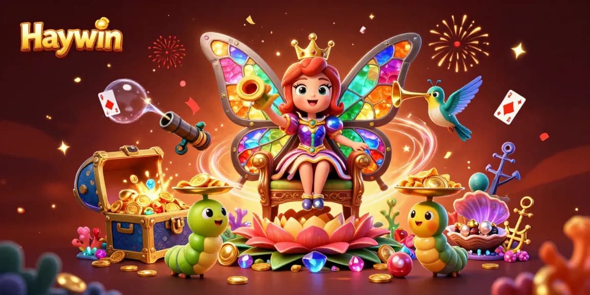 Haywin's butterfly queen reigns over a vibrant 3D casino scene filled with treasures and excitement.