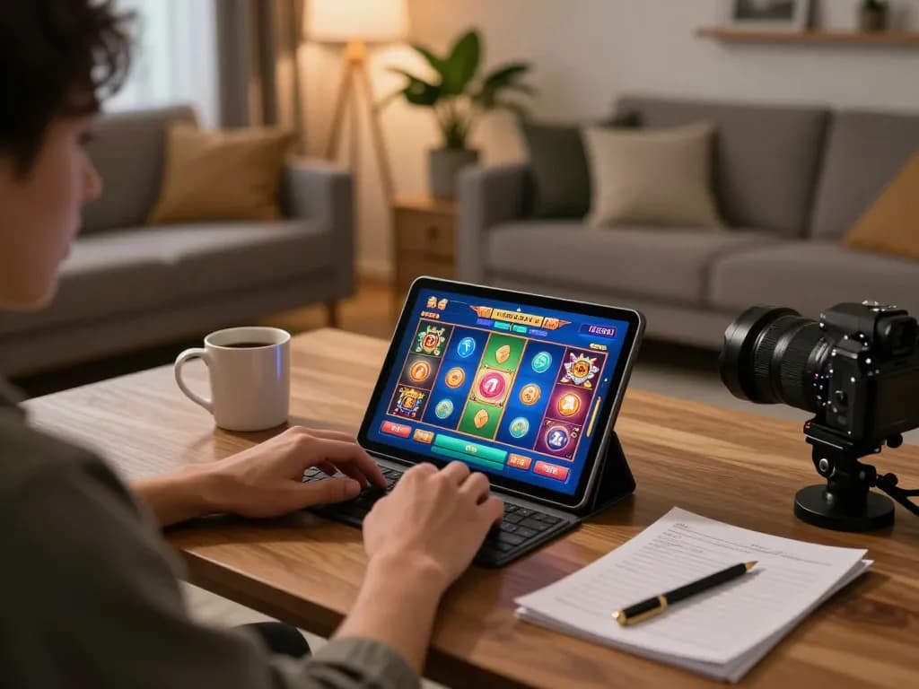 Playing toto slot games on a tablet in a cozy home setup with strategy notes and coffee.