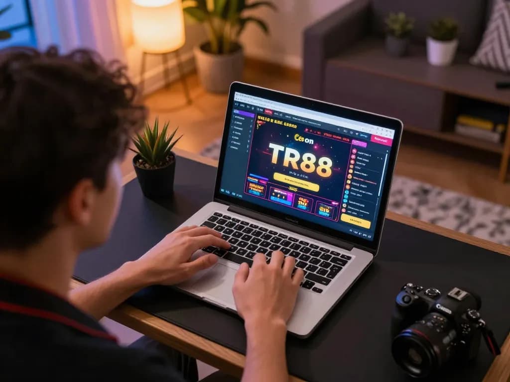 Engaging with TR88 com live casino details on laptop while planning winning strategies.
