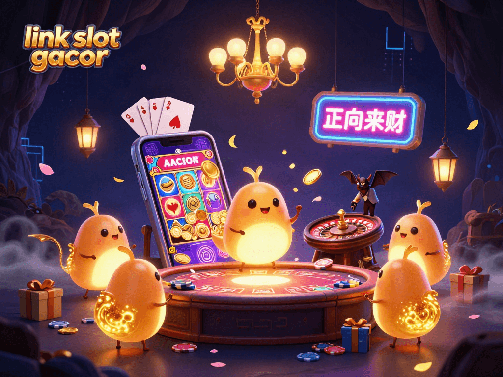 Engage with link slot gacor in this vibrant 3D casino scene featuring glowworms and gaming elements.