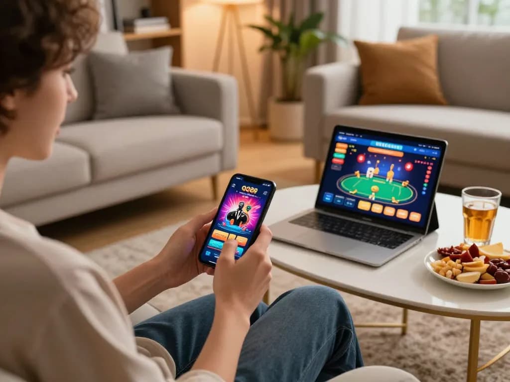 Person using smartphone for qq88 online gaming, showcasing mobile casino atmosphere in a cozy living room