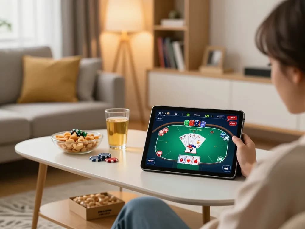 Engaging in online poker betting at home with ev99 bet displayed on tablet screen.
