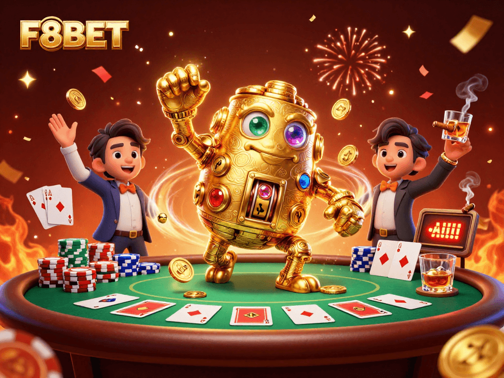 Experience the thrill of playing with F8BET's golden golem in a vibrant casino scene.