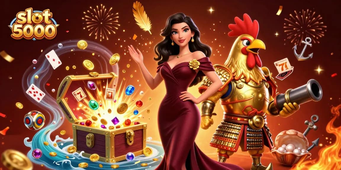Spin the slot 5000 to win, featuring vibrant casino elements and a glamorous warrior!