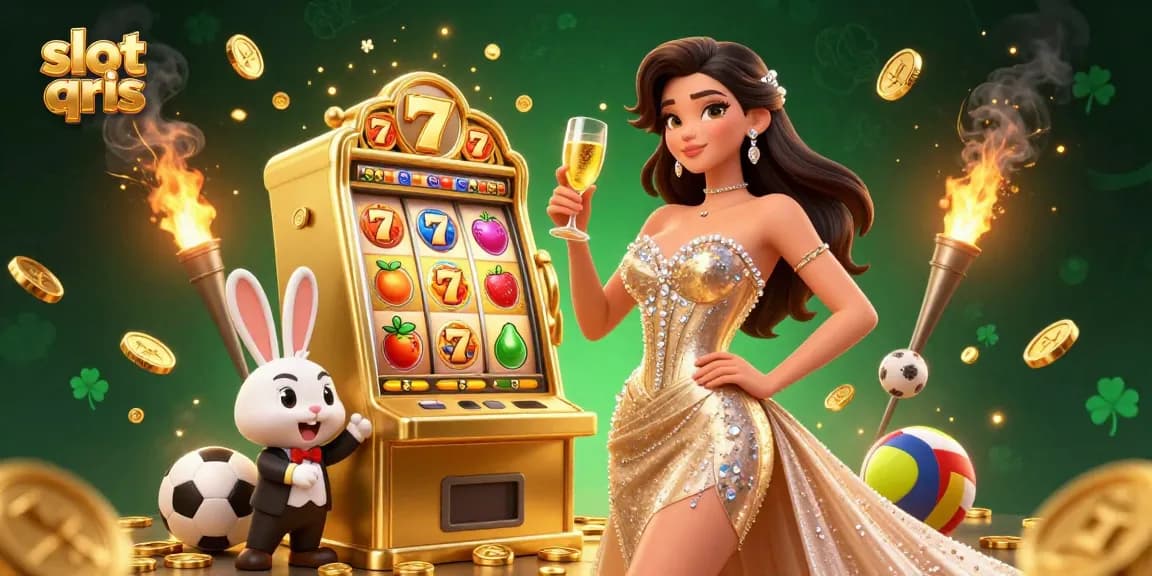 Engage with slot qris at a vibrant jackpot scene featuring a glamorous woman among golden coins.