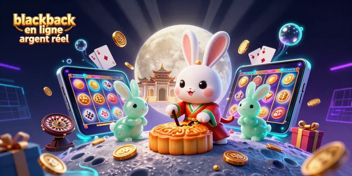Gagnez au blackjack en ligne argent réel avec une scène dynamique illustrant des personnages autour de jeux de casino.