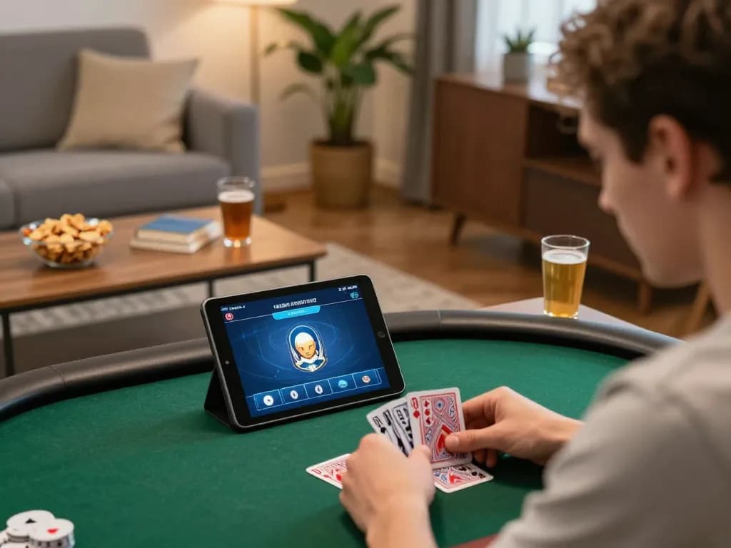 Player strategizing in a cozy home setting while engaging in an sc888 online poker game.