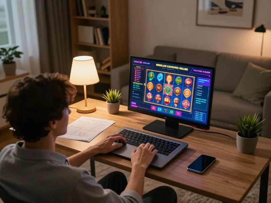 Engaged player enjoys game experience at migliori casino europei online, showcasing vibrant slot interface and cozy home setup.