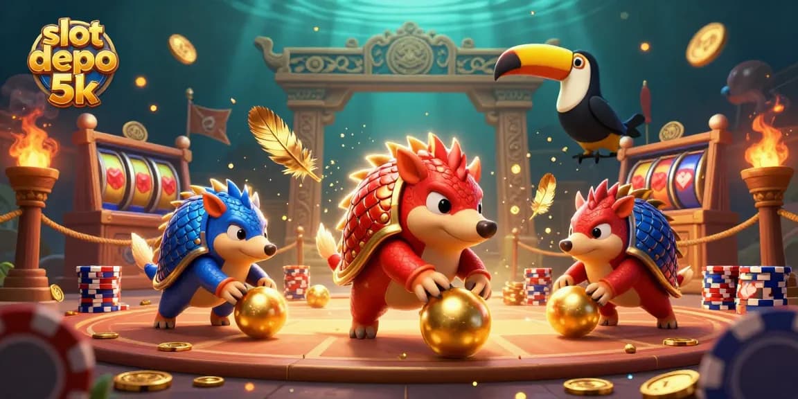 Engage with slot depo 5k as cartoon pangolins roll into poker chips in a vibrant casino scene.