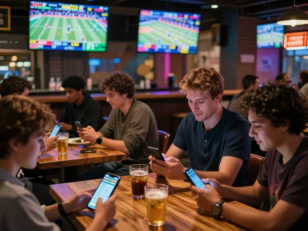 Engaged bettors using their smartphones at a lively sports bar, integrating 7m betting strategies for thrilling matches.